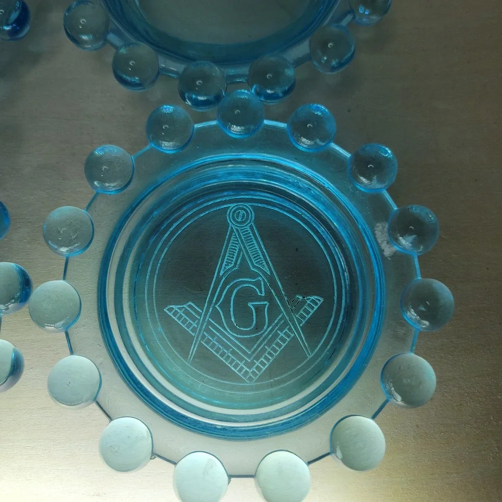 4 Vintage‎ Blue Glass Coasters Bobble Border 1 has Masonic Etched Symbol